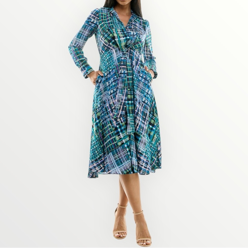 Maison Tara Collared Lattice Line Print Midi Dress Blue Multi Size 4 NWT